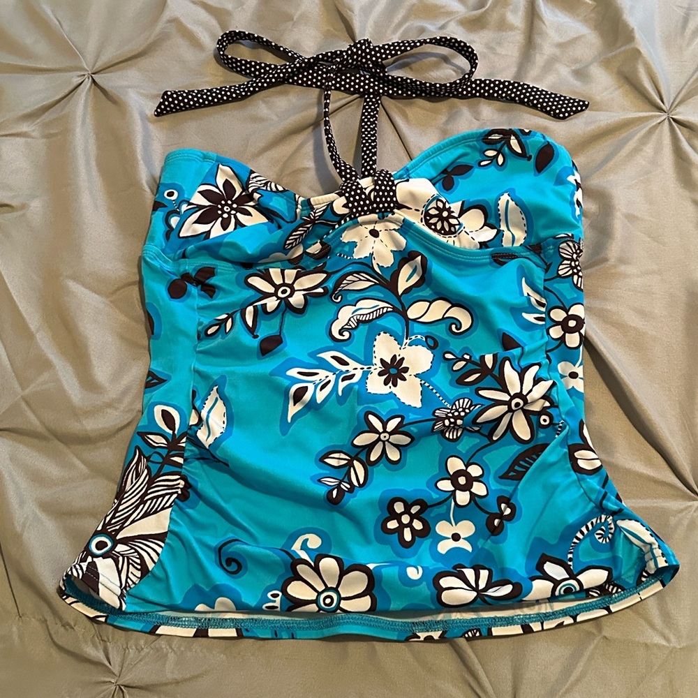 Floral Halter Women Swim Top - Blue and Black